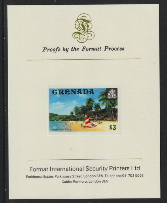 Grenada 1975 Grand Anse Beach $3 imperf proof mounted on Format International proof card (as SG 666)