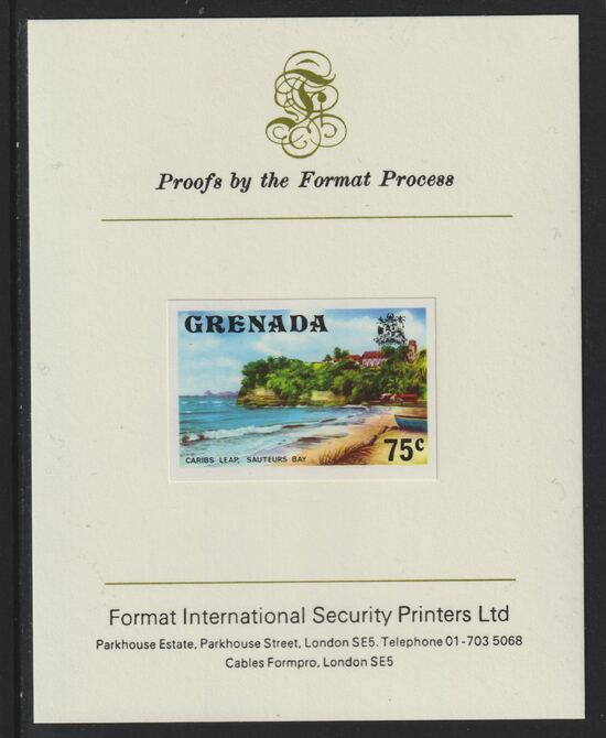 Grenada 1975 Sauteurs Bay 75c imperf proof mounted on Format International proof card (as SG 663)