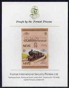 Nevis 1983 Locomotives #1 (Leaders of the World) Pendennis Castle $1 imperf se-tenant proof pair mounted on Format International proof card