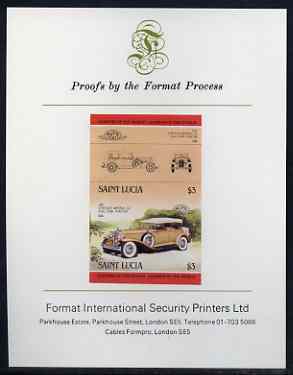 St Lucia 1984 Cars #2 (Leaders of the World) $3 Chrysler Imperial (1931) imperf se-tenant proof pair mounted on Format International proof card