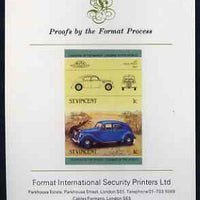 St Vincent 1985 Cars #3 (Leaders of the World) 1c Lancia Aprilia (1937) imperf se-tenant proof pair mounted on Format International proof card