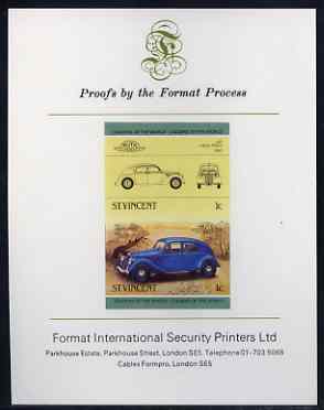 St Vincent 1985 Cars #3 (Leaders of the World) 1c Lancia Aprilia (1937) imperf se-tenant proof pair mounted on Format International proof card