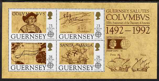 Guernsey 1992 Europa - Columbus perf m/sheet opt'd for World Columbian Stamp Expo 92 unmounted mint, SG MS 560