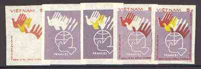 Vietnam 1983 World Peace Conference 5d set of 5 imperf progressive proofs comprising individual colour plus 3 x 2-colour and all 3-colour composites, as SG 655