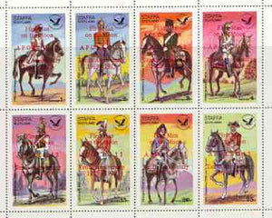 Staffa 1979 USA Bicentenary (Military Uniforms - On Horseback) perf sheetlet of 8 values opt'd Apollo 11 - 10th Anniversary in red unmounted mint