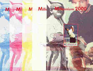 Angola 2000 Millennium 2000 - Tiger Woods s/sheet (Mohammed Ali & Babe Ruth in background) the set of 5 imperf progressive proofs comprising various colour combinations incl complete design unmounted mint