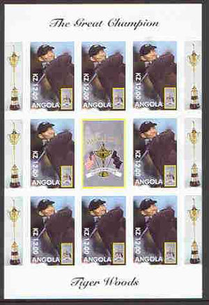 Angola 2000 Tiger Woods (The Great Champion) imperf sheetlet containing 8 values plus label for Ryder Cup, unmounted mint