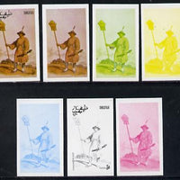 Dhufar 1977 Oriental Costumes 3b (Standard Bearer) set of 7 imperf progressive colour proofs comprising the 4 individual colours plus 2, 3 and all 4-colour composites unmounted mint