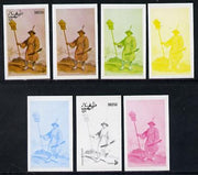 Dhufar 1977 Oriental Costumes 3b (Standard Bearer) set of 7 imperf progressive colour proofs comprising the 4 individual colours plus 2, 3 and all 4-colour composites unmounted mint