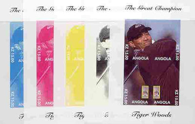 Angola 2000 Tiger Woods (The Great Champion) sheetlet containing 4 values (single image) the set of 5 imperf progressive proofs comprising various colour combinations incl complete design unmounted mint