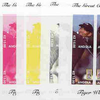 Angola 2000 Tiger Woods (The Great Champion) sheetlet containing 4 values (mirror image) the set of 5 imperf progressive proofs comprising various colour combinations incl complete design unmounted mint