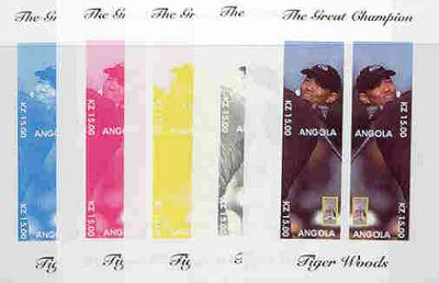 Angola 2000 Tiger Woods (The Great Champion) sheetlet containing 4 values (mirror image) the set of 5 imperf progressive proofs comprising various colour combinations incl complete design unmounted mint