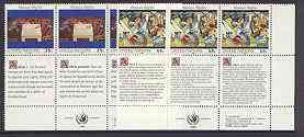 United Nations (NY) 1989 Declaration of Human Rights (1st series) set of 2 plus 2 labels (Table of Brotherhood & Composition) each in blocks of 6 showing labels in 3 languages unmounted mint, SG 579-80