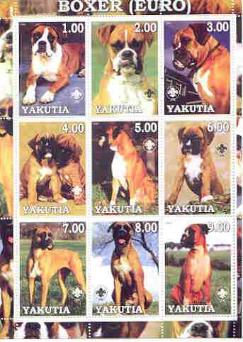 Sakha (Yakutia) Republic 2000 Dogs (European Boxer) perf sheetlet containing complete set of 9 values, each with Scout logo unmounted mint