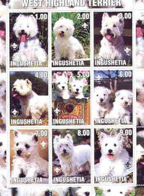 Ingushetia Republic 2000 Dogs (West Highland Terrier) perf sheetlet containing complete set of 9 values, each with Scout logo unmounted mint