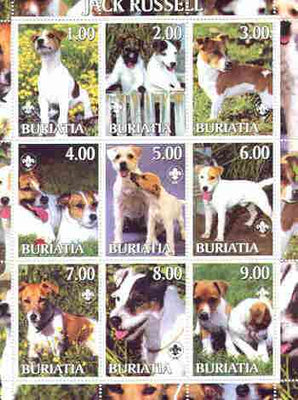 Buriatia Republic 2000 Dogs (Jack Russell) perf sheetlet containing complete set of 9 values, each with Scout logo unmounted mint