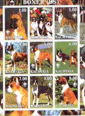 Kalmikia Republic 2000 Dogs (US Boxer) perf sheetlet containing complete set of 9 values, each with Scout logo unmounted mint