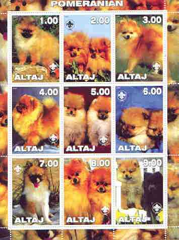 Altaj Republic 2000 Dogs (Pomeranian) perf sheetlet containing complete set of 9 values, each with Scout logo unmounted mint