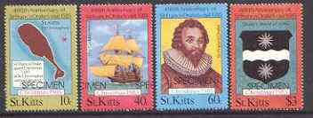 St Kitts 1985 Christmas (Sir Francis Drake) set of 4 opt'd SPECIMEN, the 40c with opt misplaced (reading IMEN,SPEC) unmounted mint as SG 181-84*