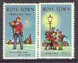 Cinderella - United States 1970 Boys Town, Nebraska fine mint set of 2 labels showing Boy carrying another and choir by lamp-post