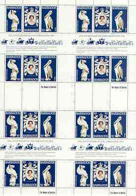 Barbados 1978 Coronation 25th Anniversary (QEII & Pelican) in complete uncut sheet of 24 (8 strips of SG 597a) unmounted mint