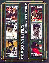 Congo 2001 Personalities of the 20th Century perf sheetlet #02 containing 6 values (Kasparov, Karpov, Babe Ruth, Joe DiMaggio, M Ali & Tiger Woods) unmounted mint