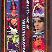 Congo 2001 Personalities of the 20th Century perf sheetlet #14 containing 6 values (Cindy Crawford, Grace Kelly, Pavarotti, Jim Morrison, Duke Ellington & Michael Jackson) unmounted mint