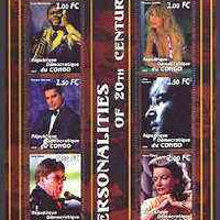 Congo 2001 Personalities of the 20th Century perf sheetlet #15 containing 6 values (Louis Armstrong, Claudia Schiffer, Freddy Mercury, John Lennon, Elton John & Greta Garbo) unmounted mint