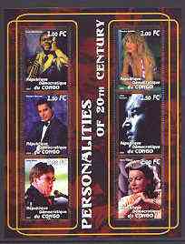 Congo 2001 Personalities of the 20th Century perf sheetlet #15 containing 6 values (Louis Armstrong, Claudia Schiffer, Freddy Mercury, John Lennon, Elton John & Greta Garbo) unmounted mint