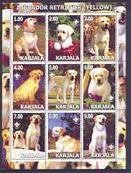 Karjala Republic 2001 Dogs (Golden Labrador Retriever) perf sheetlet containing complete set of 9 values, each with Scout logo unmounted mint