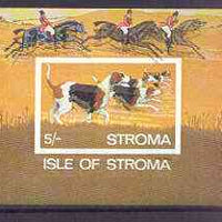 Stroma 1969 Dogs imperf m/sheet (5s value showing Foxhounds) with fine colour shift of black resulting in dropped imprint, and doubling of horses in background unmounted mint