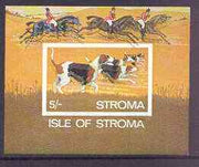 Stroma 1969 Dogs imperf m/sheet (5s value showing Foxhounds) with fine colour shift of black resulting in dropped imprint, and doubling of horses in background unmounted mint