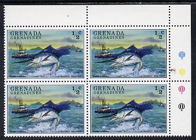 Grenada - Grenadines 1976 Tourism 1/2c (Fishing boat & Sailfish) unmounted mint corner block of 4, one stamp with red flaw on boat (R1/5) SG 155