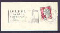 Postmark - France rectangular piece bearing French adhesive with Dieppe La Mer illustrated cancel showing Lighthouse