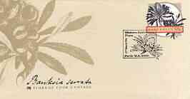 Australia 1986 Banksia serrata 33c postal stationery envelope (from Flora on Cook's Voyage series) with illustrated first day cancellation