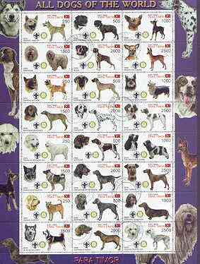 Timor (East) 2000 Dogs #02 perf sheetlet containing 24 values each with Scouts & Rotary Logos fine cto used