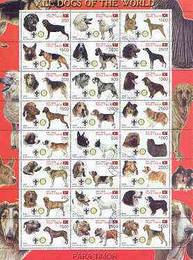 Timor (East) 2000 Dogs #03 perf sheetlet containing 24 values each with Scouts & Rotary Logos fine cto used