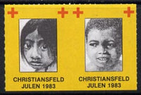 Cinderella - Denmark (Christiansfeld) 1983 Christmas Red Cross set of 2 rouletted labels produced by Christiansfeld Red Cross (children's faces)