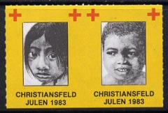 Cinderella - Denmark (Christiansfeld) 1983 Christmas Red Cross set of 2 rouletted labels produced by Christiansfeld Red Cross (children's faces)