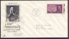 United States 1947 Birth Centenary of Joseph Pulitzer (journalist, newspaper publisher & originator of Pulitzer Prize) on illustrated cover with first day cancel, SG 943