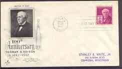 United States 1947 Birth Centenary of Thomas A Edison (scientist) on illustrated cover with first day cancel, SG 942