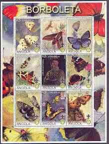 Angola 2000 Butterflies perf sheetlet #01 containing set of 9 values each with Rotary & Scouts Logos, fine cto used