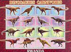 Rwanda 2001 Dinosaurs perf sheetlet #7 (Dinosaures Carnivores) containing set of 16 x 150f values unmounted mint