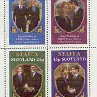 Staffa 1986 Royal Wedding perf sheetlet of 4 opt'd Duke & Duchess of York in gold, unmounted mint