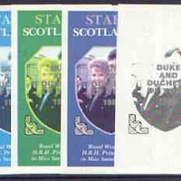 Staffa 1986 Royal Wedding imperf souvenir sheet (£1 value) opt'd Duke & Duchess of York in silver, the set of 4 progressive proofs, comprising single colour, 2-colour plus two x 3-colour combinations, all with opt. (4 proofs),unmounted mint