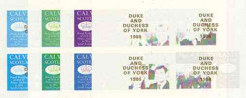 Calve Island 1986 Royal Wedding imperf sheetlet of 4 opt'd Duke & Duchess of York in gold, the set of 4 progressive proofs, comprising single colour, 2-colour and two x 3-colour combinations each with opt. (16 proofs) unmounted mint