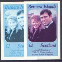 Bernera 1986 Royal Wedding imperf deluxe sheet (£2 value) two progressive proofs, comprising 2-colour and 3-colour combinations (the remaining progressives were damaged by water at the printers) unmounted mint