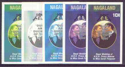 Nagaland 1986 Royal Wedding imperf souvenir sheet (1ch value) opt'd Duke & Duchess of York in silver, the set of 5 progressive proofs, comprising single colour, 2-colour, two x 3-colour combinations plus completed design each with……Details Below