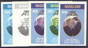 Nagaland 1986 Royal Wedding imperf deluxe sheet (2ch value) opt'd Duke & Duchess of York in silver, the set of 5 progressive proofs, comprising single colour, 2-colour, two x 3-colour combinations plus completed design each with o……Details Below