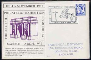 Postmark - Great Britain 1967 cover for Britsh Philatelic Exhibition (1st Day with Marble Arch in purple) with Mounted Postal Rider illustrated cancel (cover slightly grubby)